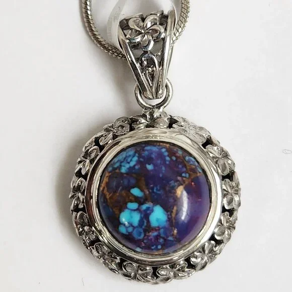 2011 925 Artisian Natural Purple Copper Turquoise Round Pendant 18" Silver Chain - Picture 8 of 10